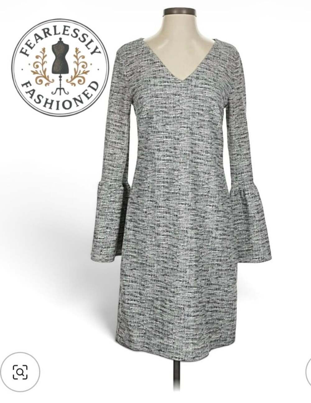 Banana Republic Bell-Sleeve Tweed Dress Size S Black White Gray